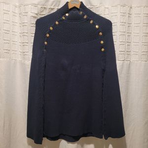 G.I.L.L. Navy Blue Sweater Cape Poncho  Gold Brass Button XS Nautical Minimalist